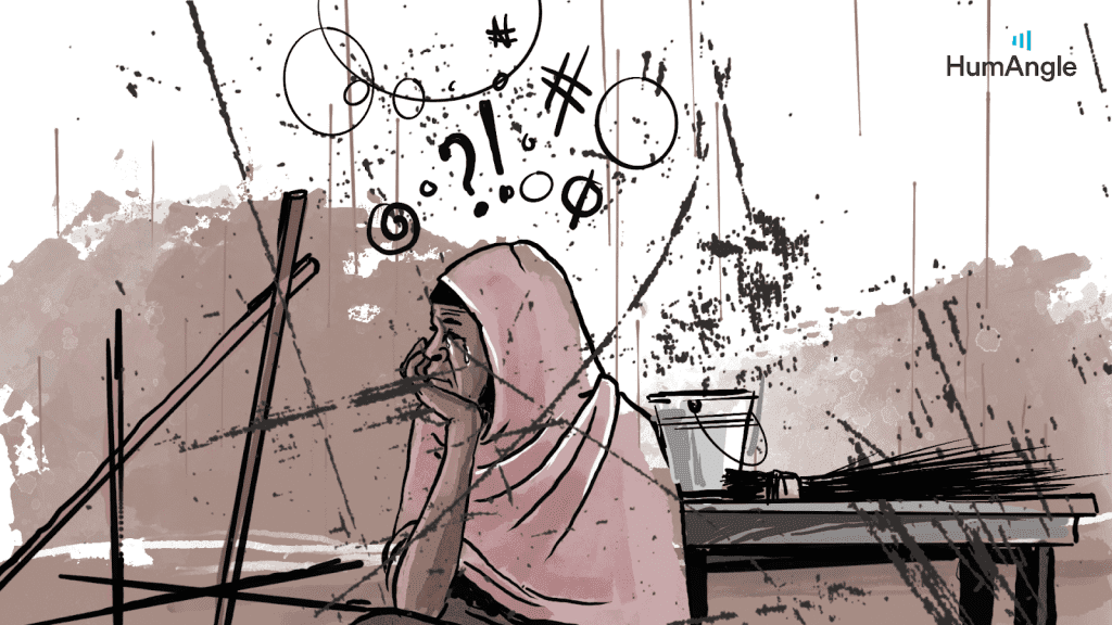 Illustration of a person in a hood, sitting with a hand on their face, surrounded by question marks and abstract lines.