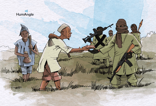 Elderly man approaches armed figures with an offering, another man observes, in a grassy landscape.